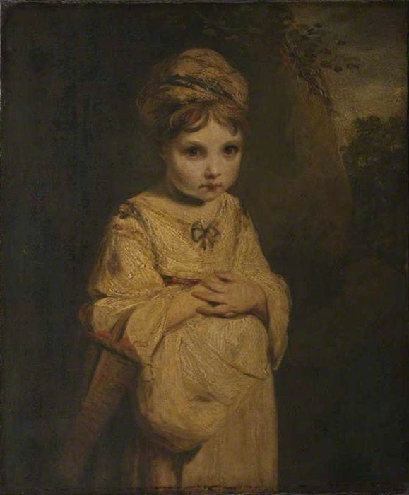 Old oil painting of a young girl in a white dress